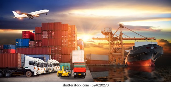 Logistics and transportation of Container Cargo ship and Cargo plane with working crane bridge in shipyard at sunrise, logistic import export and transport industry background