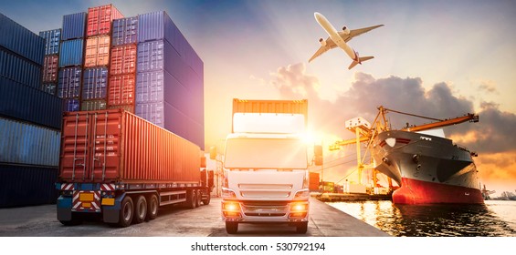 Logistics   transportation Container Cargo ship   Cargo plane and working crane bridge in shipyard at sunrise  logistic import export   transport industry background
