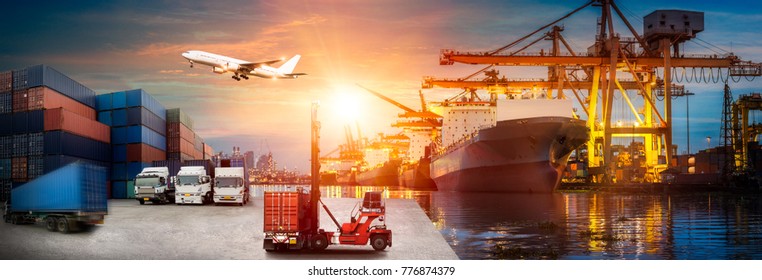 Logistics and transportation of Container Cargo ship and Cargo plane with working crane bridge in shipyard at sunrise, logistic import export and transport industry background