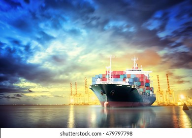 Logistics and transportation of International Container Cargo ship with working crane bridge in seaport for logistic import export background and transport industry. - Shutterstock ID 479797798