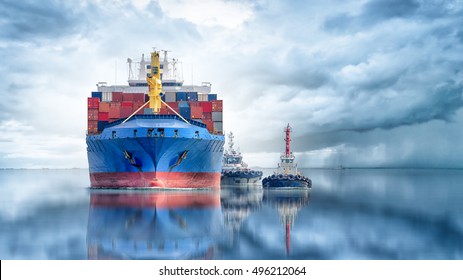 Logistics and transportation of International Container Cargo ship with tugboat in the ocean, Freight Transportation, Shipping