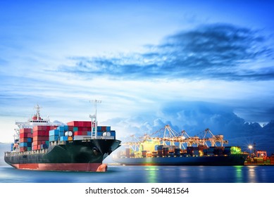 Logistics and transportation of international container cargo ship with ports crane bridge in harbor at dusk for logistics import export background and transportation industry - Shutterstock ID 504481564