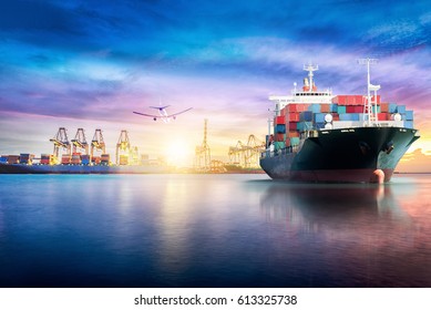 Logistics and transportation of International Container Cargo ship in the ocean at twilight sky, Freight Transportation, Shipping - Shutterstock ID 613325738