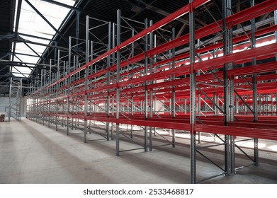 Logistics warehouse concept with empty high pallet racks, shelving system