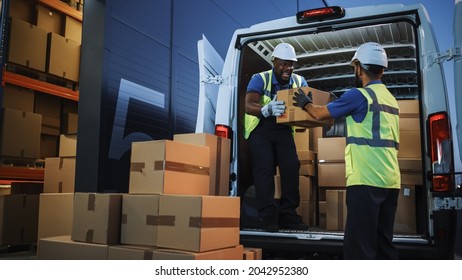 Logistics Warehouse Two Happy Diverse Workers Talk, Joke while Loading Delivery Truck with Cardboard Boxes, Online Orders, Purchases, E-Commerce Goods, Food or Medicine Products.