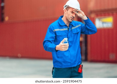 Logistics worker drinks water while taking a break at a shipping container yard. Emphasizing workplace hydration, occupational safety, and employee well-being in industrial environments.