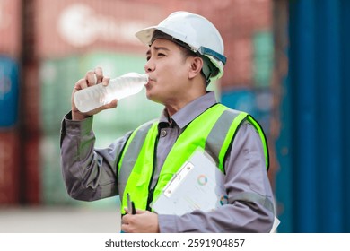 Logistics worker drinks water while taking a break at a shipping container yard. Emphasizing workplace hydration, occupational safety, and employee well-being in industrial environments.