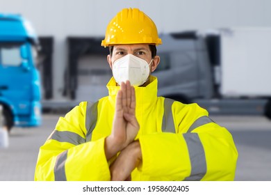 Logistics Worker In Face Mask Using Sign Language For Disabled