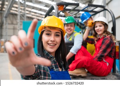 Logistics Worker Team With Forklift In Warehouse, Copy Space