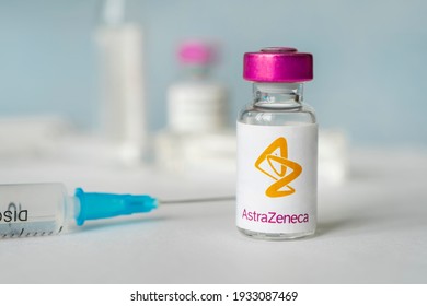 logo of the astrazeneca company on a glass bottle with liquid for injections. february 27, 2021, Barnaul, Russia.