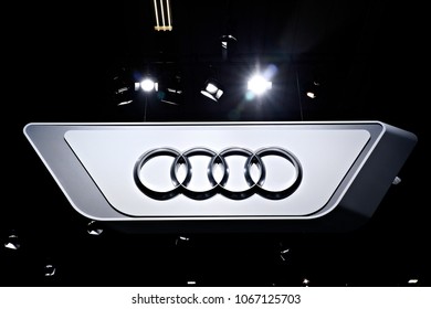 Logo Of Automobile Manufacturer Audi During The European Motor Show In Brussels, Belgium On Jan. 16, 2017 