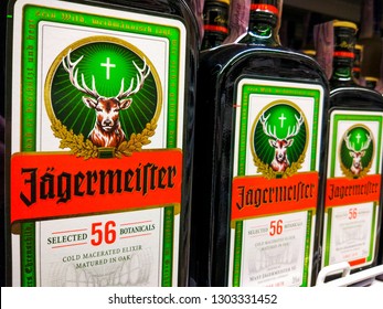 Jägermeister Logo Closeup Of Jagermeister Digestif Bottle On A Shelf In A Hypermarket In Kiev, Ukraine, 3 February 2019.