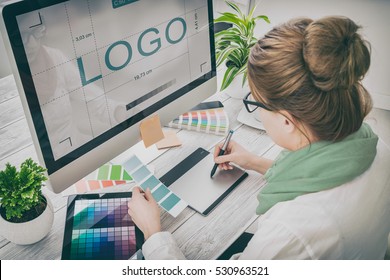 Logo Design Brand Designer Sketch Graphic Drawing Creative Creativity Draw Studying Work Tablet Concept - Stock Image