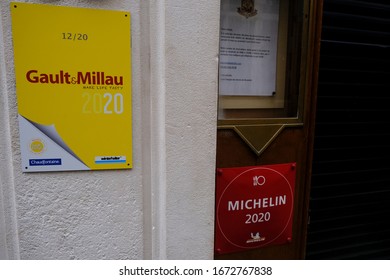 A Logo Of Gault & Millau In A Restaurant In Brussels, Belgium On March 14, 2020.