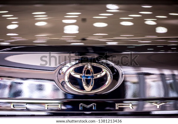 Logo of the Japanese
car brand Tayota brand, close-up, copy space.  Shymkent Kazakhstan
April 15, 2019
