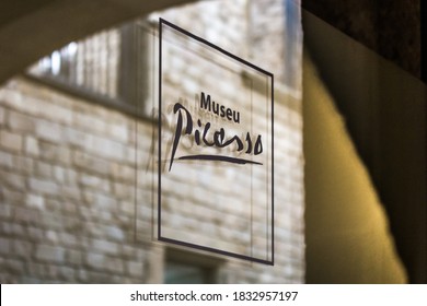 Logo of Picasso museum on a door at the entrance of the museum. Barcelona, Spain. Copy space available