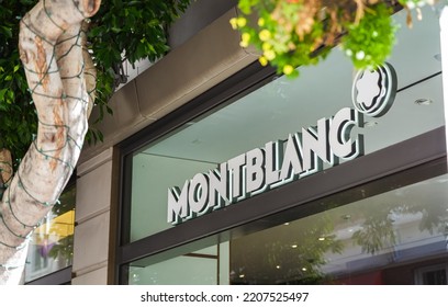 The Logo Sign Of Montblanc, German Manufacturer And Distributer Of Luxury Goods, On Top Of A Store From San Francisco, 2022.