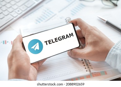 Logo Of Telegram Group Chatting Application, Page In Mobile Phone. Social Net, Media Resource, Platfom, App To Talk, Chat, Voice, Hang Out. Using For Family, Work, Business, News, Information.