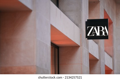 Logo Of Zara Clothing Company On Top Of A Store From Paris, France. 2022. Clothes Industry.