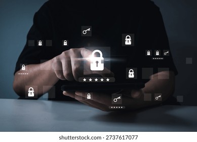Logon Verification. user enter password code login on mobile smartphone, cybersecurity, cloud storage, antivirus, data protection application, authentication, internet network technology concept