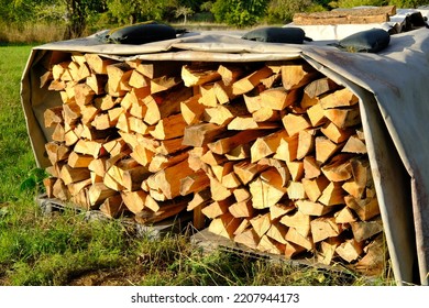 Logs Of Firewood Chopped On Logs In Woodpile, Logging For Winter, Concept Stoking Stove, Fireplace, Seasonal Cooling In Housing, Country's Economic Problems In Energy Sector, Shutdown Of Russian Gas