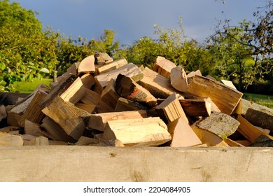 Logs Of Firewood Chopped Piled In Wooden Box, Logging For Winter, Concept Stoking Stove, Fireplace, Seasonal Cooling In Housing, Country's Economic Problems In Energy Sector, Shutdown Of Russian Gas