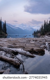 Logs float on the water's surface near a lake. Mountains rise in the distance, and trees line the shore as dusk settles in with a gentle sky overhead.