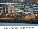 Logs in the shipping dock in the cargo port of Wellington, New Zealand, piles of wood