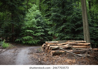 Logs stacked next to dirt road in woods, logging for timber industry - Powered by Shutterstock