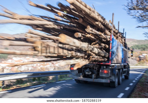Logs truck rushes down the mountain road. Truck Car
in motion blur