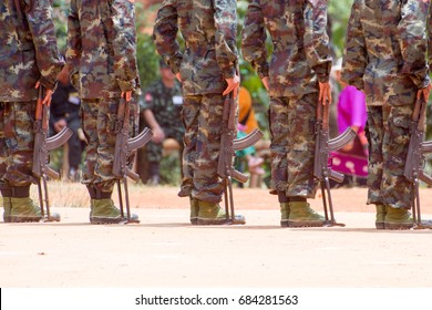 Loi Kaw Wan, Myanmar - May 21, 2017: Unidentified Of Soldiers Group In A Training Day On Boot Camp At Loi Kaw Wan, Myanmar.