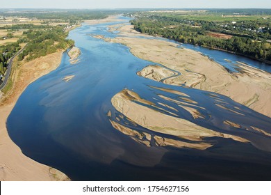 The Loire River and sandbanks seen from the sky at Montsoreau, Loire-Anjou-Touraine Regional Natural Park, France