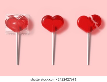 Lollipop in heart shape candies in transparent plastic pack isolated on pink background. 3D realistic red on stick for Valentines day. Wrapped sweets in clear package. Candy love.