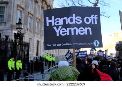 LONDON - 12TH FEBRUARY 2022: Hands Off Yemen Anti War Protest Outside Downing Street In London. 