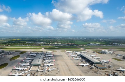 London - 2019: Planes At Heathrow Airport, Aerial View.