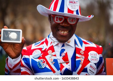 London, 31 Jan 2020 - BREXIT Day - Eccentric Brexit supporter celebrates the UK departure from the European Union in Parliament Square, London, England, UK
