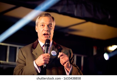 London, 31 Jan 2020 - BREXIT Day - Close-up shot of Nigel Farage at a stage  in Parliament Square, Westminster, London moments before the UK left the European Union 