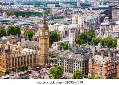 London Aerial View Of Big Ben And Westminster Abbey. City Skyline