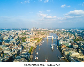 London Aerial View Of Thames River And Tower Bridge From Above. Beautiful City Skyline.