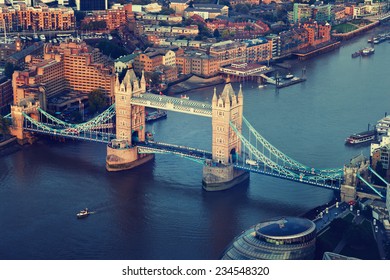 London Aerial View With  Tower Bridge In Sunset Time