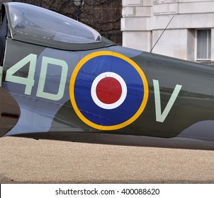 LONDON - APRIL 1, 2016. Identifcation Graphics On The Supermarine Spitfire, A Museum Example Of The 1936 Vintage Fighter Aircraft, Briefly On Public Display By The Old Admiralty Building, London, UK.