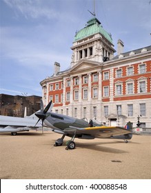 LONDON - APRIL 1, 2016. A Museum Example Of The Supermarine Spitfire, A 1936 British Fighter Aircraft , Briefly On Public Display By The Old Admiralty Building, Horse Guard's Parade, London, UK.