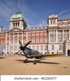 LONDON - APRIL 1, 2016. A Museum Example Of The Supermarine Spitfire, A 1936 British Fighter Aircraft , Briefly On Public Display By The Old Admiralty Building, Horse Guard's Parade, London, UK.