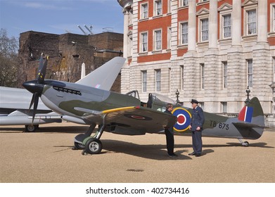 LONDON - APRIL 1, 2016. A Museum Example Of The Supermarine Spitfire, A 1936 British Fighter Aircraft , Briefly On Public Display By The Old Admiralty Building, Horse Guard's Parade, London, UK.