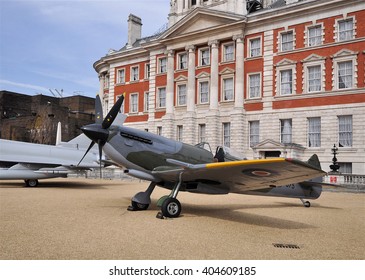 LONDON - APRIL 1, 2016. A Museum Example Of The Supermarine Spitfire, A 1936 British Fighter Aircraft , Briefly On Public Display By The Old Admiralty Building, Horse Guard's Parade, London, UK.