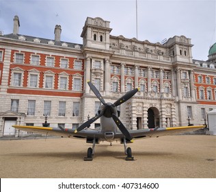 LONDON - APRIL 1, 2016. A Museum Example Of The Supermarine Spitfire, A 1936 British Fighter Aircraft , Briefly On Public Display By The Old Admiralty Building, Horse Guard's Parade, London, UK.