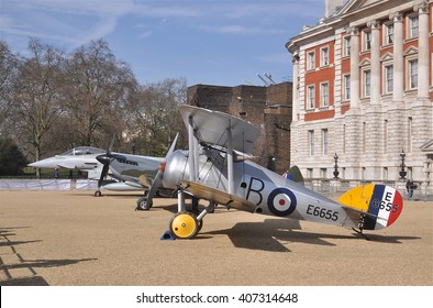 LONDON - APRIL 1, 2016. Museum Examples Of Vintage Aircraft; A Sopwith Snipe, Spitfire And Eurofighter Typhoon, Briefly On Public Display By The Old Admiralty Building, Horse Guard's Parade, London.