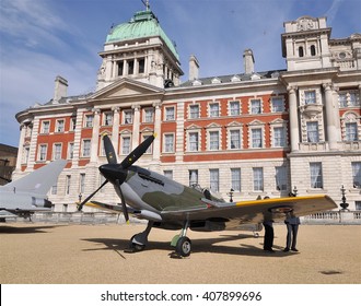 LONDON - APRIL 1, 2016. A Museum Example Of The Supermarine Spitfire, A 1936 British Fighter Aircraft , Briefly On Public Display By The Old Admiralty Building, Horse Guard's Parade, London, UK.