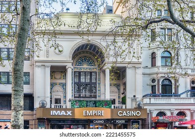 LONDON - APRIL 11, 2022: Facade Of The Empire Building, Iconic Cinema On The North Side Of Leicester Square, London, England, UK