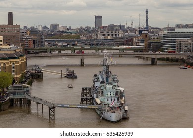 LONDON - APRIL 14, 2017: River Thames and London Buildings seen from the top of the London Bridge, April 14, 2017 in London